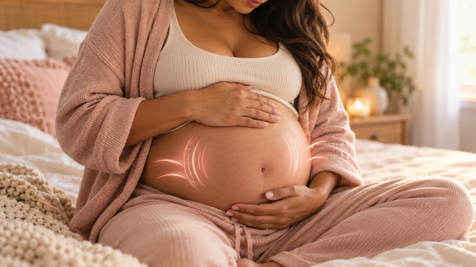 A pregnant mother holding her bump as it tightens, with lines showing a Braxton Hicks contraction