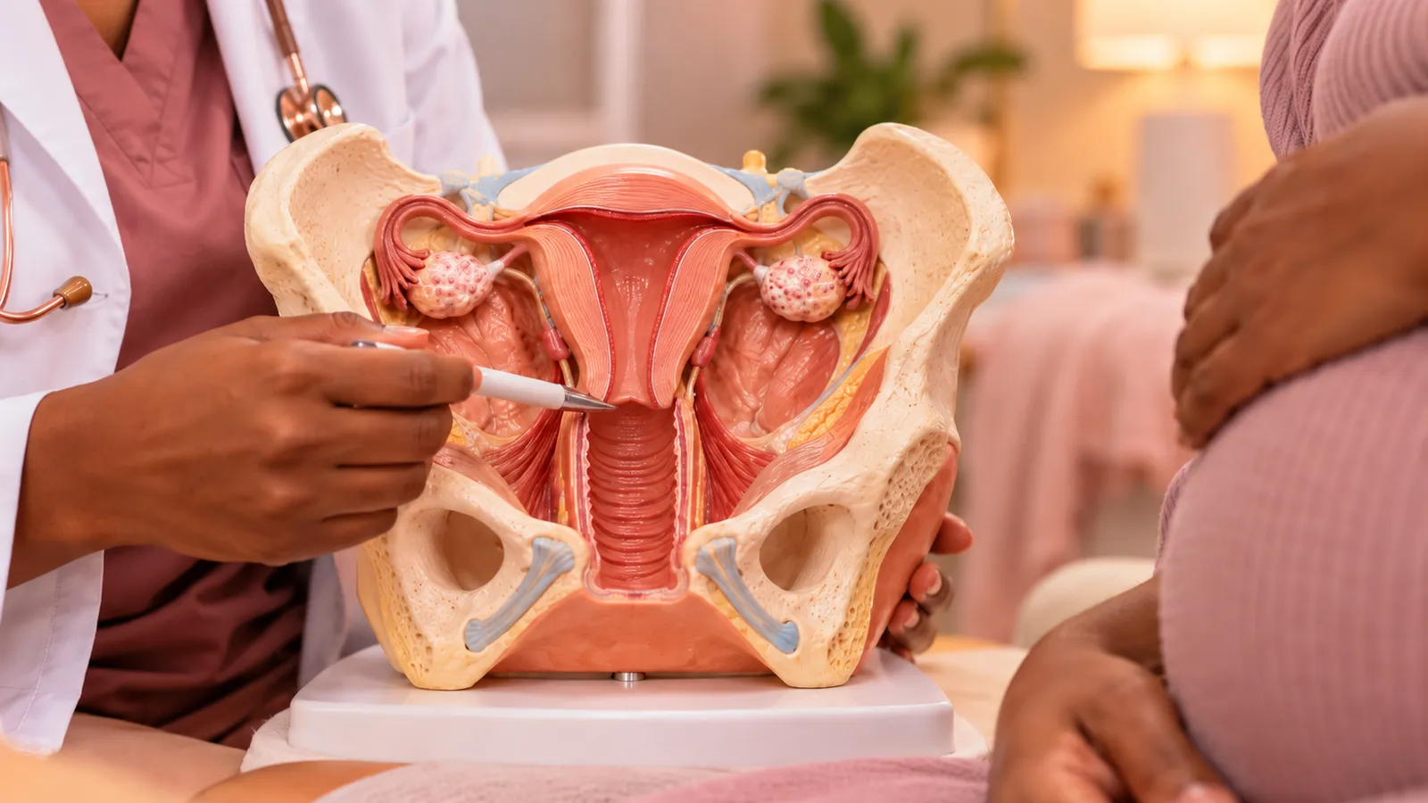 A clinician pointing to the cervix on an anatomical model of the pelvis beside a pregnant mother