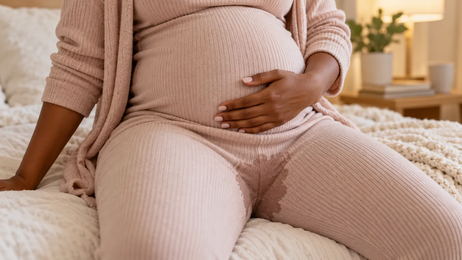 A pregnant mother sitting on a bed with a damp patch on her leggings where her waters have broken
