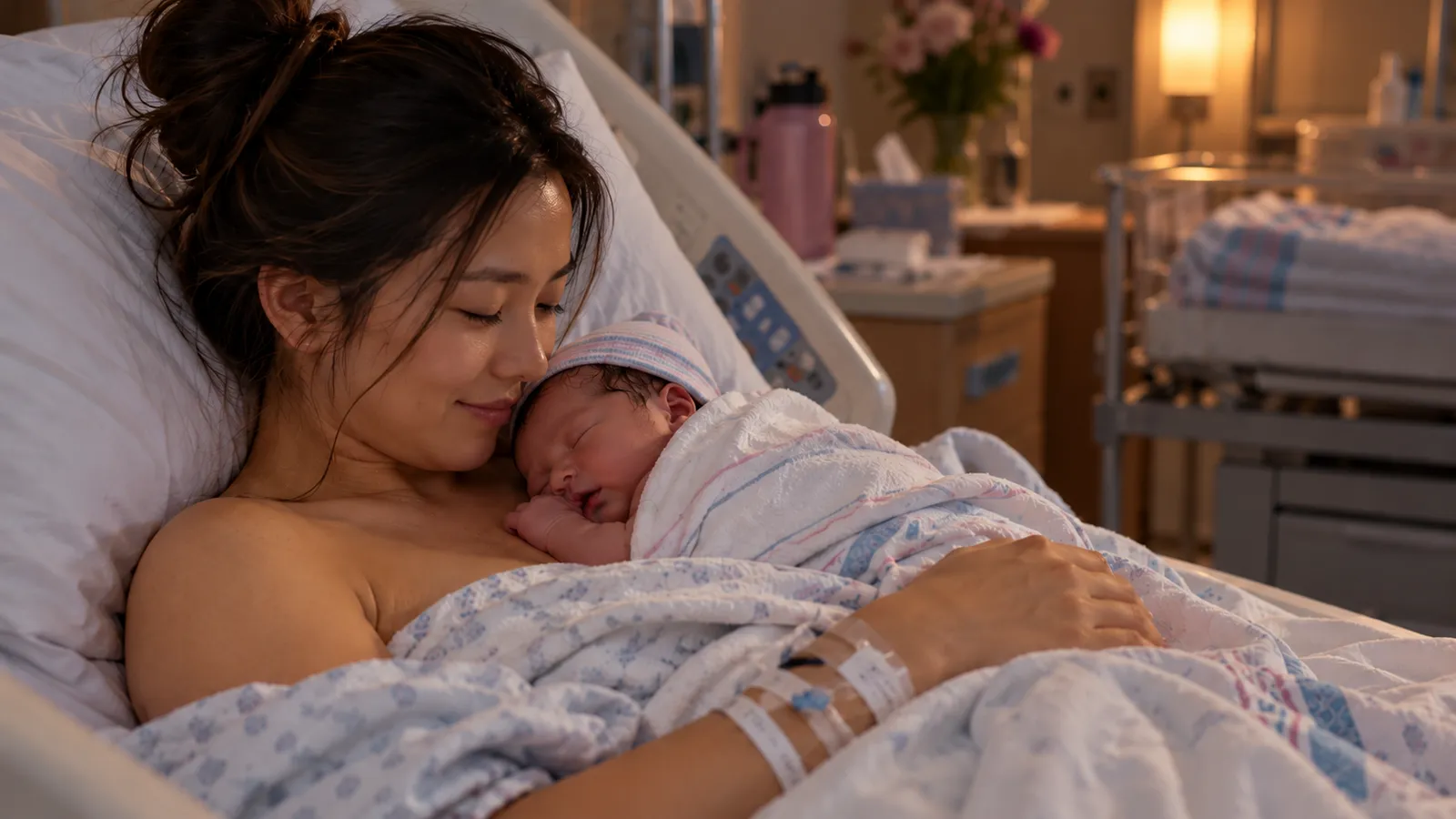 A mother resting in a hospital bed with her newborn asleep skin to skin on her chest