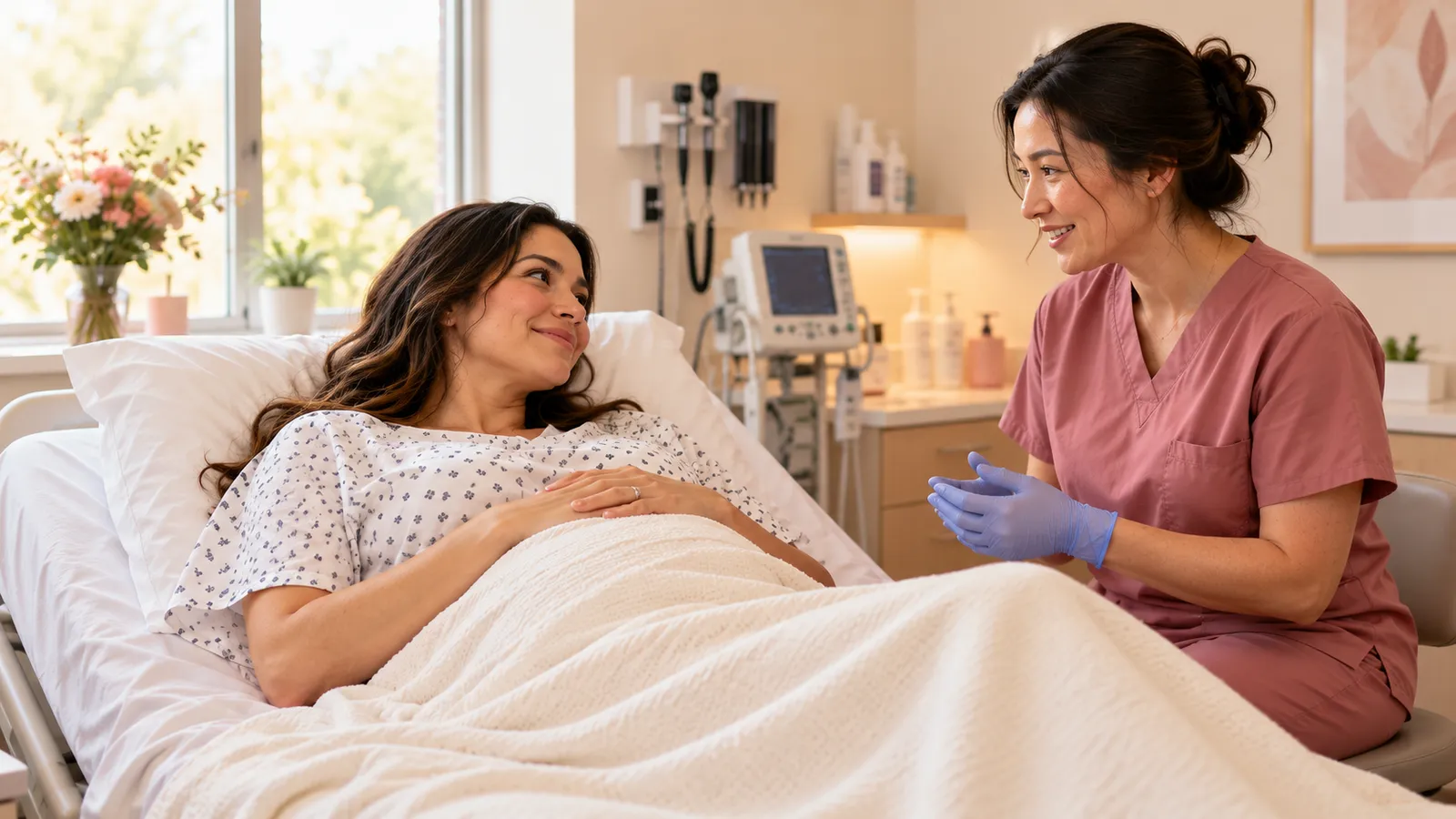 A pregnant mother in a hospital bed talking with a smiling midwife