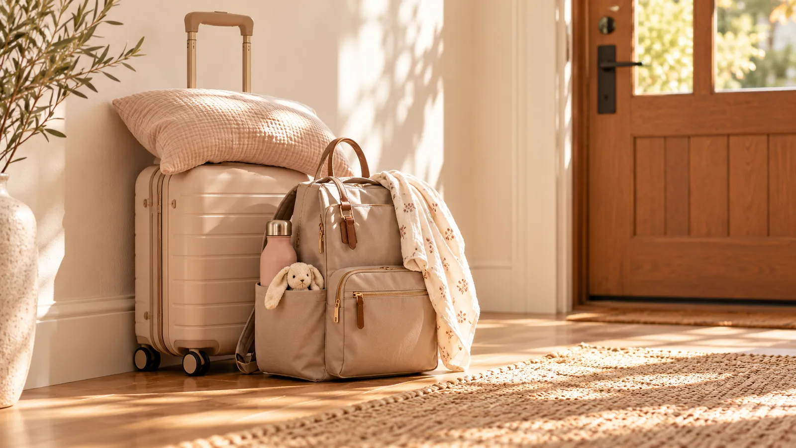 A packed suitcase, nappy bag and pillow waiting by the front door