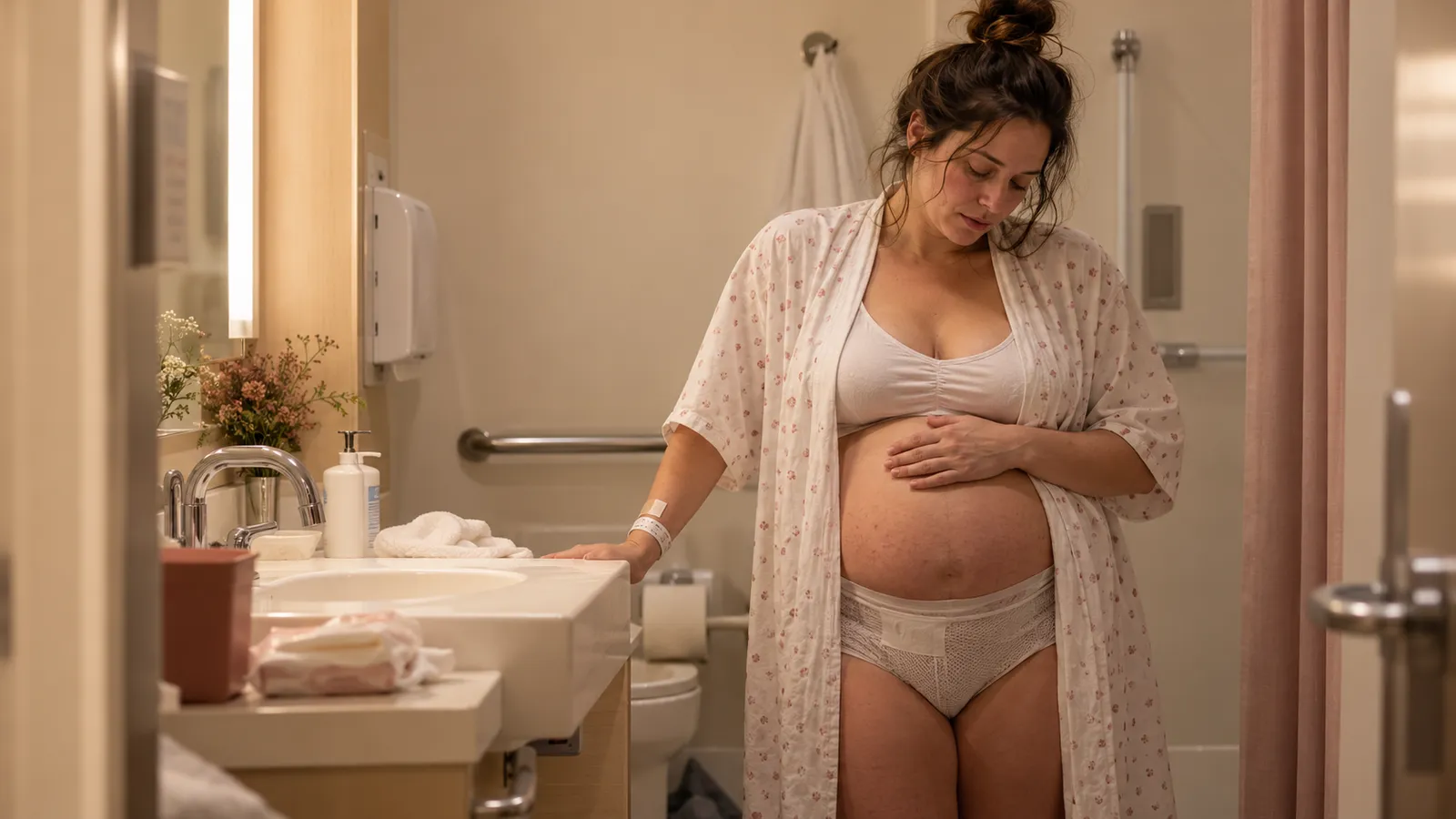 A mother standing in a hospital bathroom in postpartum underwear and a robe, one hand on her tummy