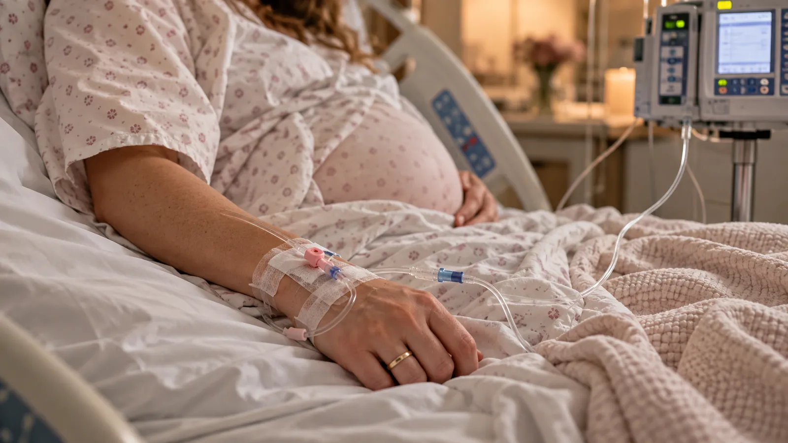 A pregnant mother resting in a hospital bed with an IV line in her hand and a drip pump beside her