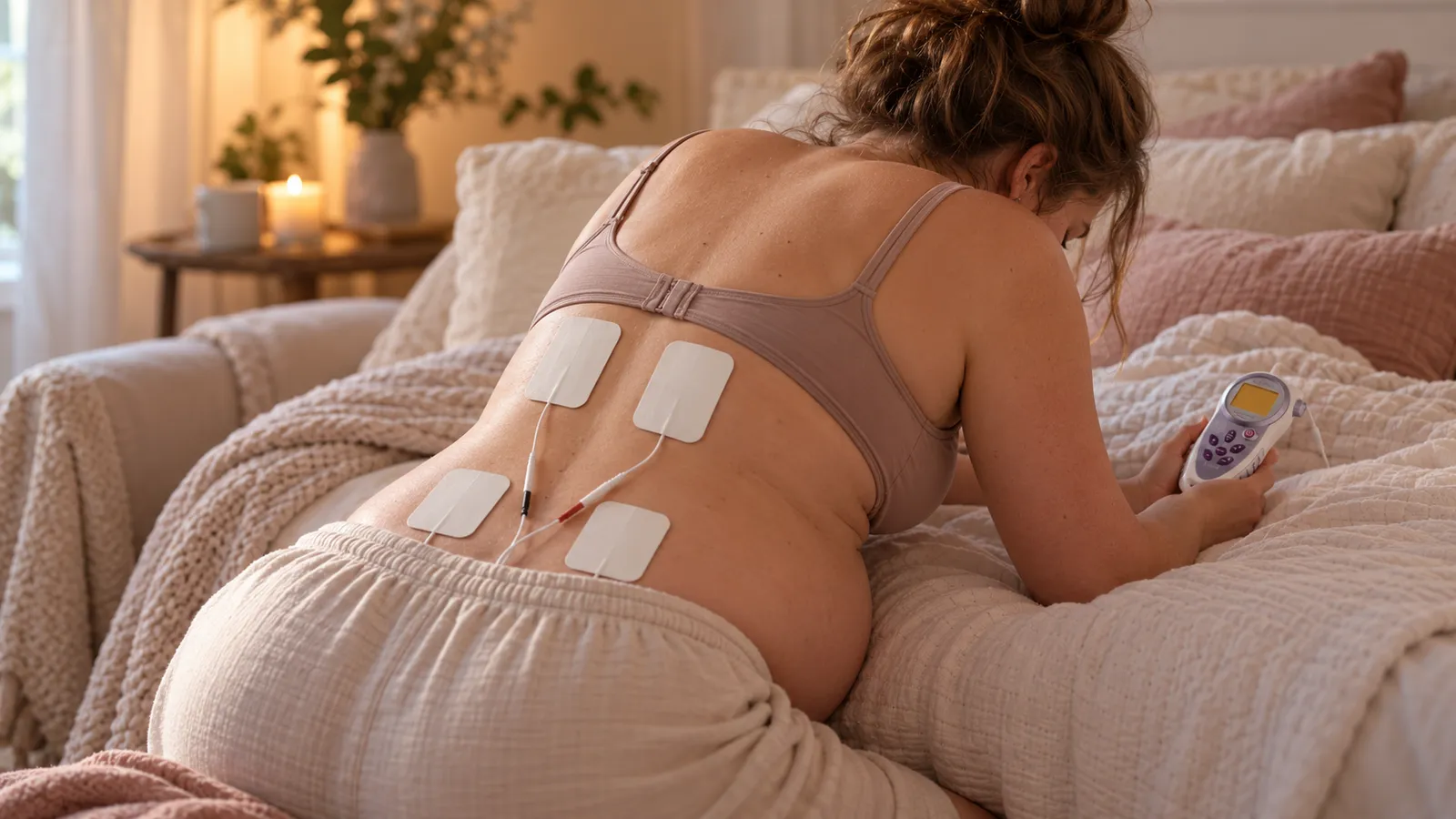 A mother in labour leaning over a bed with TENS pads on her lower back, holding the TENS controller