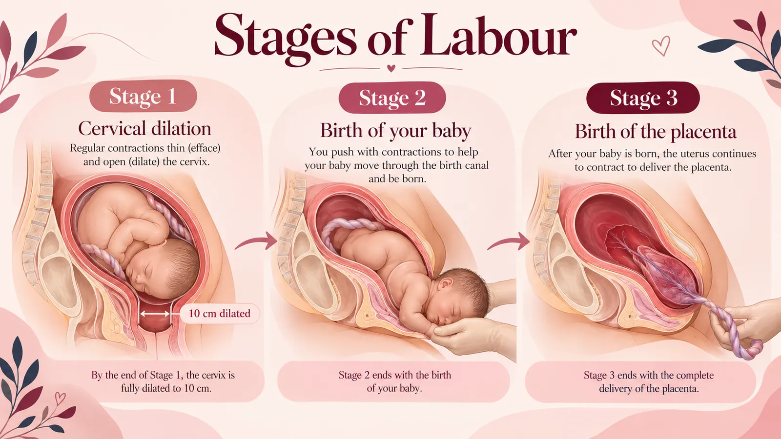 An illustrated diagram of the three stages of labour: cervical dilation, the birth of the baby and the birth of the placenta