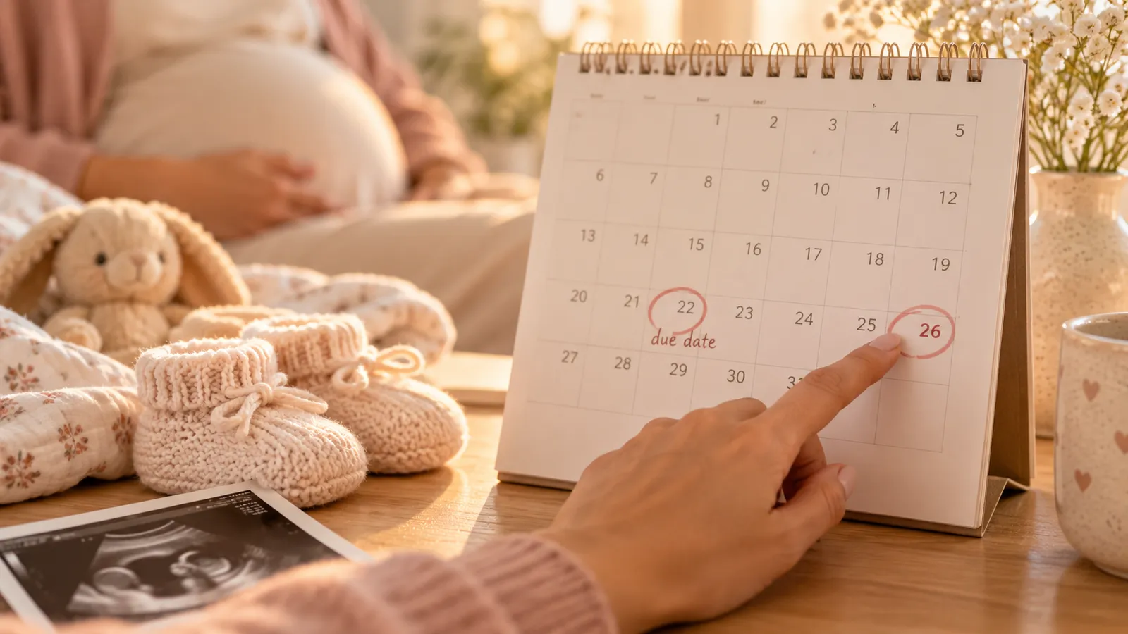 A pregnant mother pointing at a desk calendar past her circled due date, beside baby booties and a scan photo