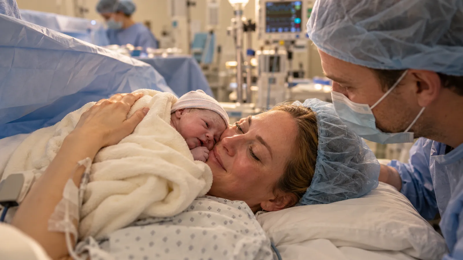 A mother holding her newborn against her cheek in theatre after a planned caesarean, her partner leaning in