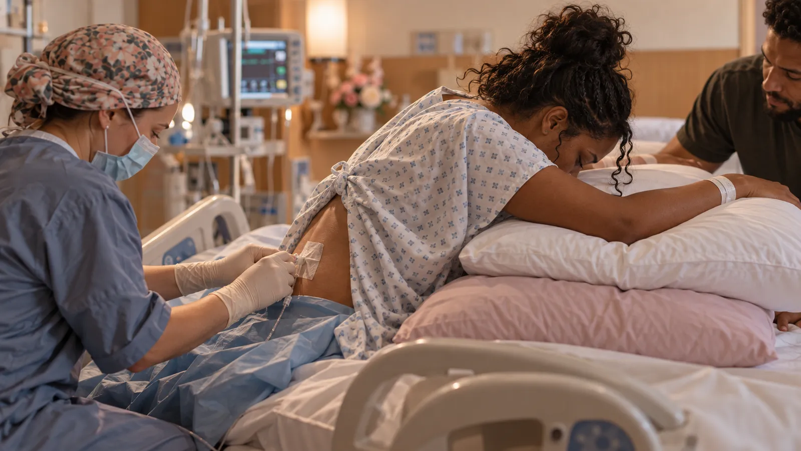 An anaesthetist placing an epidural in a mother's lower back while she leans over pillows and her partner holds her