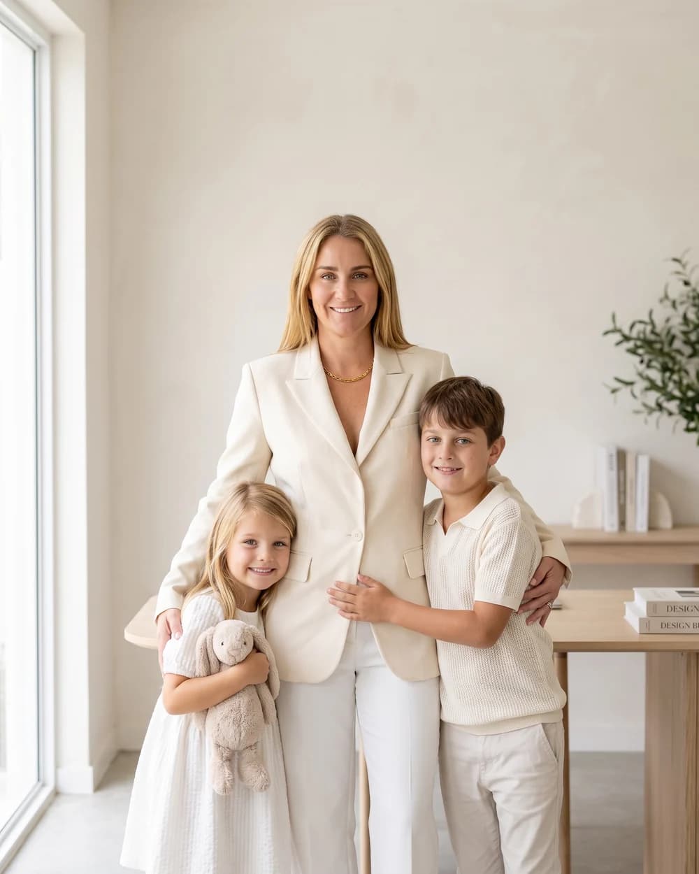 Maddy standing with her two children in a bright room, all three in cream
